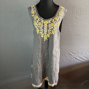 Johnny Was Los Angeles Linen Embroidered Dress Sleeveless Drawstring Gray